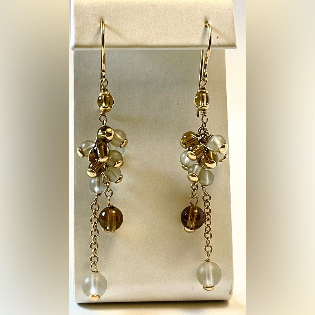Real 14k Yellow Gold Solid Wire Smoky And Clear Topaz Bead Hanging Earrings